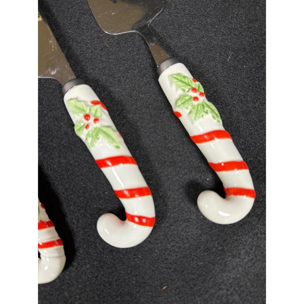Vintage Christmas Candy Cane Serving Set Stainless Steel Japan‎ Holly Berry 3pc
